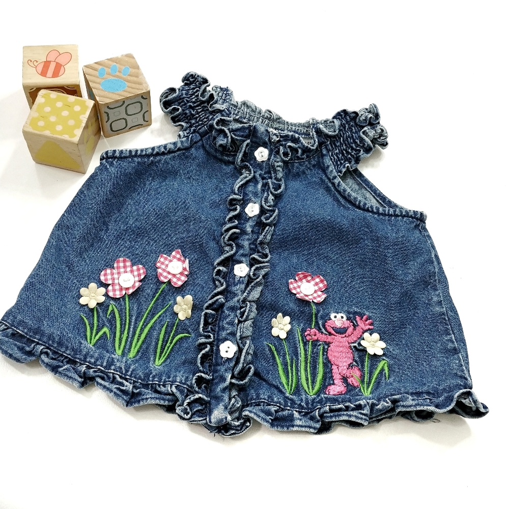 Elmo Denim Jean Ruffle Top Size 24 Months